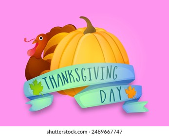 Happy Thanksgiving Day Grußkarte, Aufkleber mit Kürbis, Cartoon Türkei Vogel auf rosa Hintergrund.