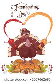 Tarjeta de felicitación feliz del día de acción de gracias pavo que se coloca en la calabaza madura amarilla y que hace los fuegos artificiales del ketchup y de la mostaza de la forma del corazón. Letras de dibujos animados de Vector