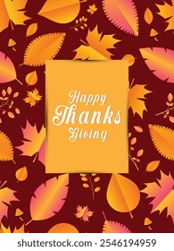 Happy thanksgiving day greeting card with autumn leaves on red background 
