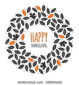 Happy Thanksgiving Day greeting card design with black and orange leaves on white background. Stylish autumn vector set of elements. Hand drawn illustration.