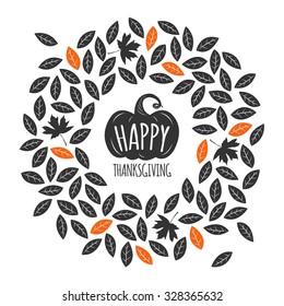 Happy Thanksgiving Day greeting card design with  leaves and pumpkin  on white background. Stylish autumn vector set of elements. Hand drawn illustration.