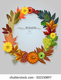 Happy Thanksgiving Day greeting card with pumpkin, autumn leaves and space for your text. 