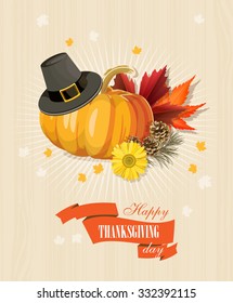 Happy Thanksgiving Day greeting card with pumpkin, autumn leaves and space for your text. 