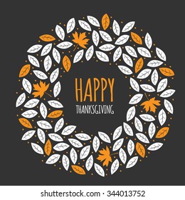 Happy Thanksgiving Day greeting card design with white and orange silhouette leaves on black background. Stylish autumn vector set of elements. Hand drawn illustration.