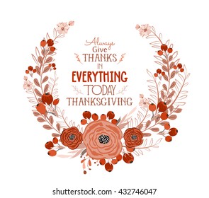 Happy Thanksgiving Day greeting card. wreath and hand drawn letters.