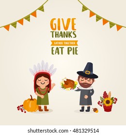 Happy thanksgiving day. Greeting card with people characters and holiday food. Great design for postcard and other print template. 