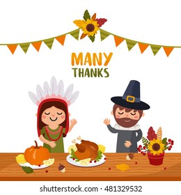 Happy thanksgiving day. Greeting card with feast table, people characters and holiday food. Great design for postcard and other print template. 