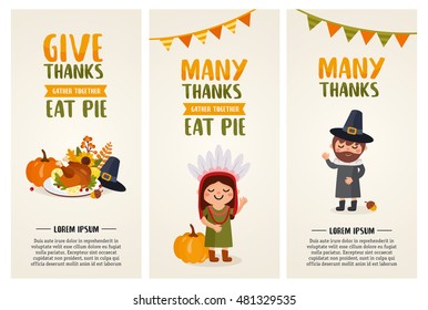 Happy thanksgiving day. Greeting card set with pilgrim, indian characters and holiday food. Great design for banner, postcard and other print template.