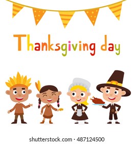 Happy thanksgiving day. Greeting card with people characters and holiday food. Indian and pilgrim boys and girls isolated on white. Cute illustration used for magazine or book, poster, web pages. 