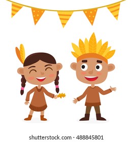 Happy thanksgiving day. Greeting card with people characters and holiday food. Indian boy and girl isolated on white. Cute illustration used for magazine or book, poster and card design, web pages. 