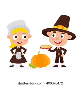 Happy thanksgiving day. Greeting card with people characters and holiday food. Pilgrims boy and girl isolated on white. Cute illustration used for magazine or book, poster and card design, web pages. 