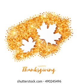 Happy Thanksgiving Day greeting card  with origami beautiful autumn white maple leaves on gold glitter background. Paper cut Trendy Design Template. Applique Vector illustration.