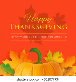 Happy thanksgiving day greeting card. Holiday vector background. Pumpkin with fall leaves decoration and text. Giving thanks social media banner