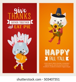 Happy Thanksgiving Day. Greeting Card Set With Pilgrim, Indian Characters. Cat And Rabbit In A Traditional Clothes. Design For Banner, Postcard And Other Print Template.