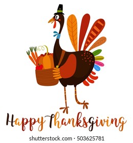 Happy Thanksgiving Day. Greeting  card with cartoon turkey in autumn colors.  - stock vector