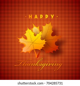 Happy Thanksgiving Day greeting card design with autumn leaves on checkered background.