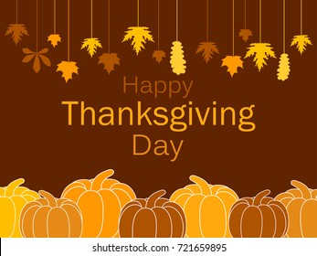 Happy Thanksgiving Day greeting card template. Pumpkins and hanging leaves, a garland of autumn leaves. Festival poster. Vector illustration