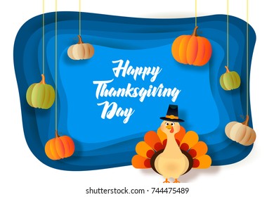 Happy Thanksgiving day greeting card, poster, banner, flyer, autumn background with leaves, pumpkin and cute cartoon turkey. Vector illustration. 