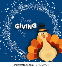 Happy Thanksgiving day greeting card, poster, banner, flyer, autumn background with leaves, pumpkin and cute cartoon turkey. Vector illustration. 