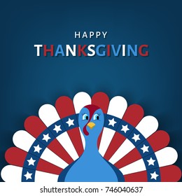 Happy Thanksgiving day greeting card. Cartoon  turkey bird in colors of flag of USA: blue, red, white.  Vector   background.