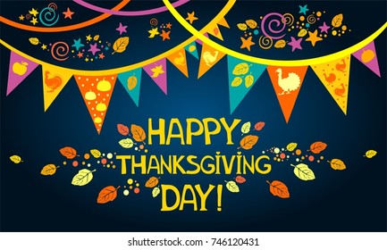 Happy Thanksgiving Day. Greeting card. Celebration dark background with garland, pumpkin, turkey bird, autumn leaves and place for your text. Vector illustration