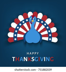 Happy Thanksgiving day greeting card. Cartoon  turkey bird in colors of flag of USA: blue, red, white.  Vector   background.