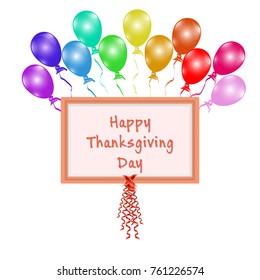 Happy Thanksgiving Day greeting card with red ribbon and colorful balloons as celebration concept. vector illustrator.