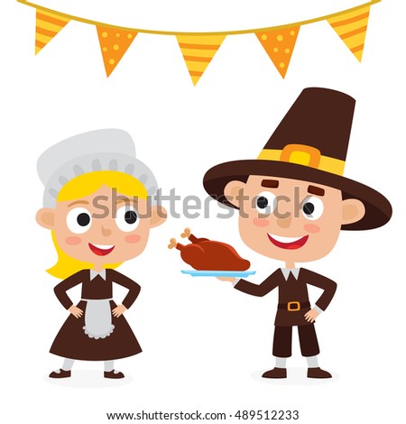 Happy thanksgiving day. Greeting card with people and holiday food. Pilgrims boys and girls isolated on white. Cute illustration used for magazine or book, poster and card design, web pages. 