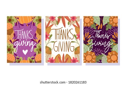happy thanksgiving day, greeting cards and invitations flowers leaves foliage decoration vector illustration