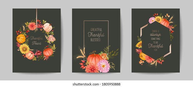 Happy Thanksgiving Day greeting, invitation card, flyer, banner, poster template. Autumn pumpkin, flower, leaves, floral design elements. Vector illustration Set