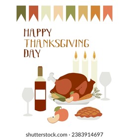 Happy Thanksgiving Day Greeting Postcard background. November 23 Cartoon Vector Illustration. Thanks giving celebration for Poster, Banner, Flyer, Invitation Card, Cover. Turkey, Wine, Pumpkin Pie.