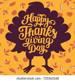 Happy Thanksgiving Day greeting poster with turkey hand written lettering