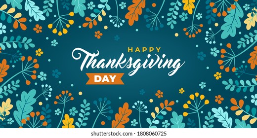 Happy thanksgiving day greeting. Vector banner, greeting card, background with text Happy thanksgiving. Vignette, frame Emblem with autumn leaves and berries. The leaves of oak, ash, green and orange