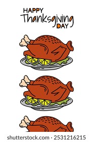 Happy Thanksgiving Day handgezeichnet Illustration von Truthahn. Thanksgiving, Vektor, blauer Hintergrund, Grußkarte, Poster, Banner, Umschlag, Vorlage