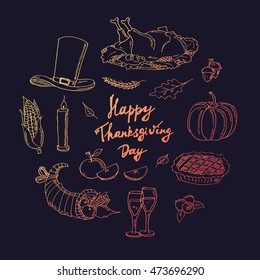 Happy Thanksgiving Day. Hand Drawn Holiday Design isolated Elements Set Vector Illustration