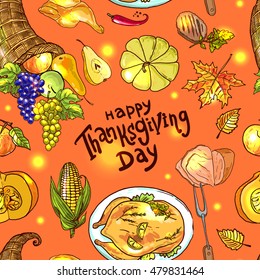 happy thanksgiving day. Hand drawn vector seamless pattern festive food.