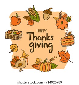 happy thanksgiving day hand drawn cartoon color doodle greeting card background 