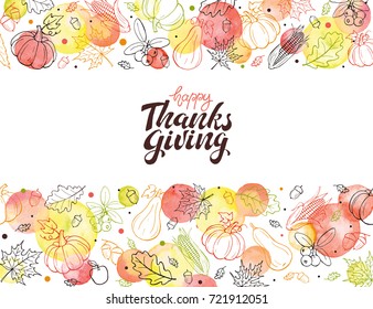 Happy thanksgiving day. Hand drawn lettering with watercolor dots isolated on white background. Thanksgiving poster with autumn leaves frame. Horisontal composition from autumn symbols.