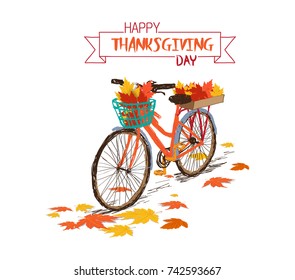 Happy Thanksgiving Day. Hand drawn tintage bicycle with autumn leaves in rear basket
