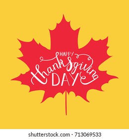 Happy Thanksgiving Day hand lettering greeting card design element with maple leaves