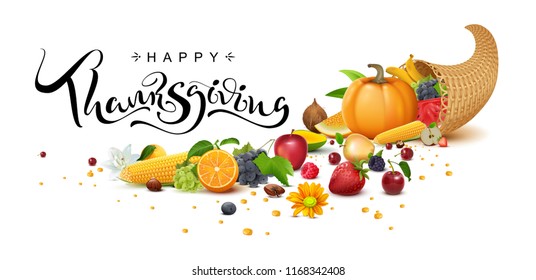 Happy Thanksgiving Day handwritten calligraphy text greeting card. Cornucopia harvest. Isolated on white vector illustration