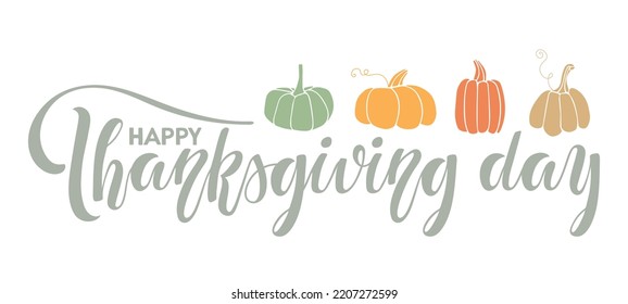 Happy Thanksgiving day Handwritten lettering with pumpkin silhouette sketch. Autumn celebration calligraphy text for Thanksgiving Day Holiday. Vector illustration For card, invitation, banner, web