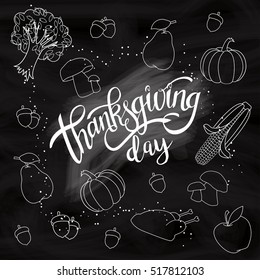 Happy Thanksgiving Day Handwritten Lettering background design on Black Ckalkboard