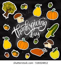 Happy Thanksgiving Day Handwritten Lettering background design with Holiday Sticker objects.