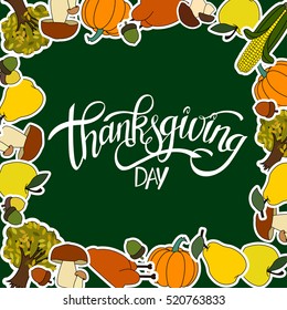 Happy Thanksgiving Day Handwritten Lettering background design with Holiday Sticker objects in a Frame.