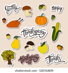 Happy Thanksgiving Day Handwritten Lettering background design with Holiday Sticker objects, Pumpkin, Apple, Turkey, Tree.