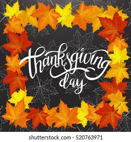 Happy Thanksgiving Day Handwritten Lettering background design with Autumn Maple Yellow and Orange Leaves