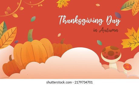 Happy Thanksgiving Day and Hello Autumn. Holiday element such Pumpkin, Maple, Mushroom on Red background. Template for greeting cards, banner and web design.  Autumn holiday vector background.