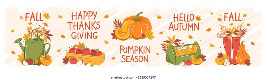 Happy thanksgiving day. Hello Autumn. Set with pumpkin, fruit, watering can. Gardening, growing plants. Vector illustration for holiday greeting card, banner, poster, cover, advertisement, sales.
