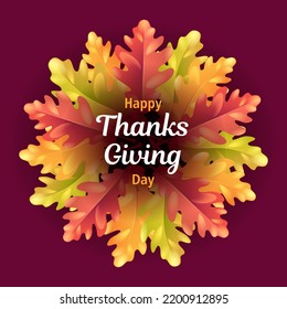 Happy thanksgiving day holiday banner with greeting text. Autumn wreath of bright  leaves on a dark background. Vector illustration for postcard, sticker, flyer, poster, invitation, logo, label, badge